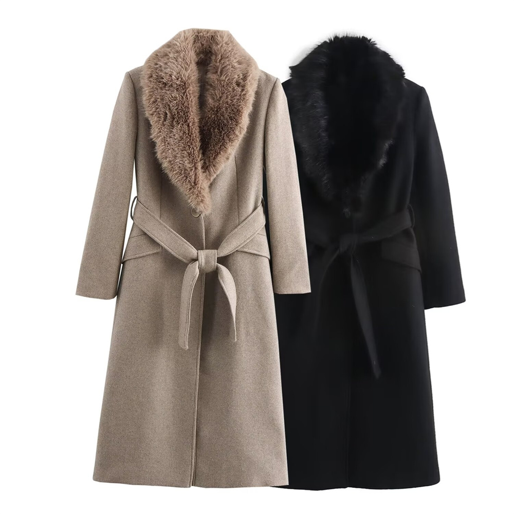 Wool Coat Peacoat - Kadın Kemerli Sıcak Kürklü Yaka Ceket