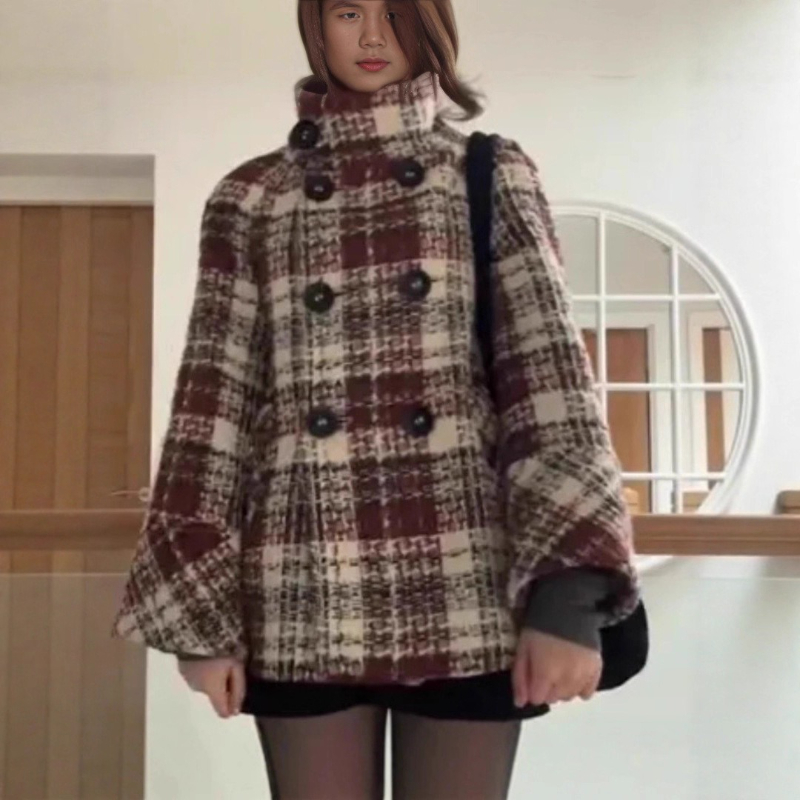 Wool Coat Peacoat - Sıcak Kareli Balıkçı Yaka Omuz Düz